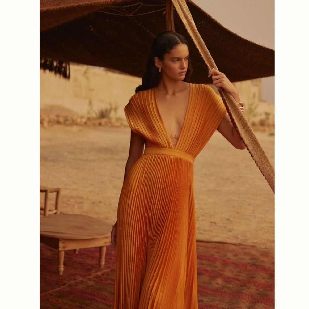 L'Idee Gala Deep V Pleated Goldenrod Maxi